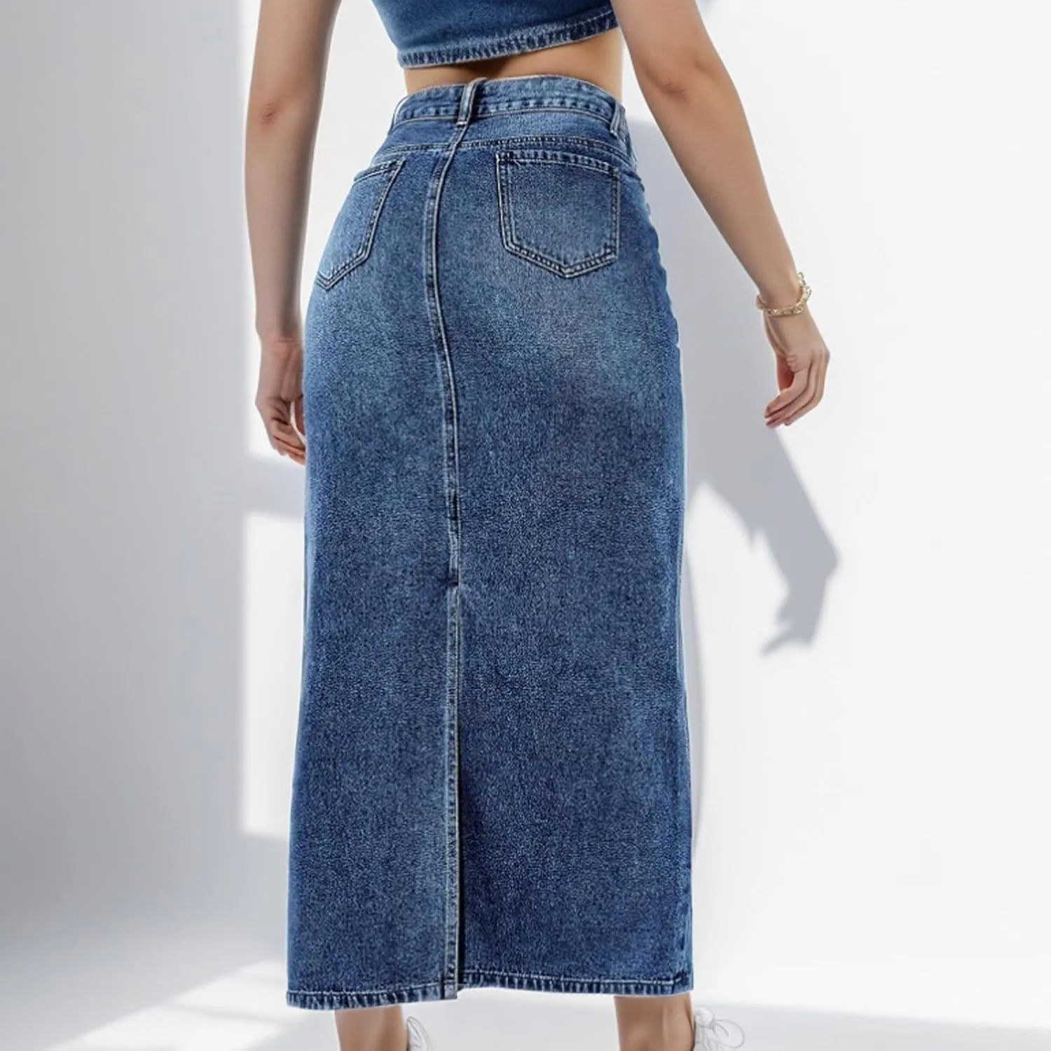 Mid High Waisted Denim Skirt With Holes Denim Mid Length Skirt Boho Skirt