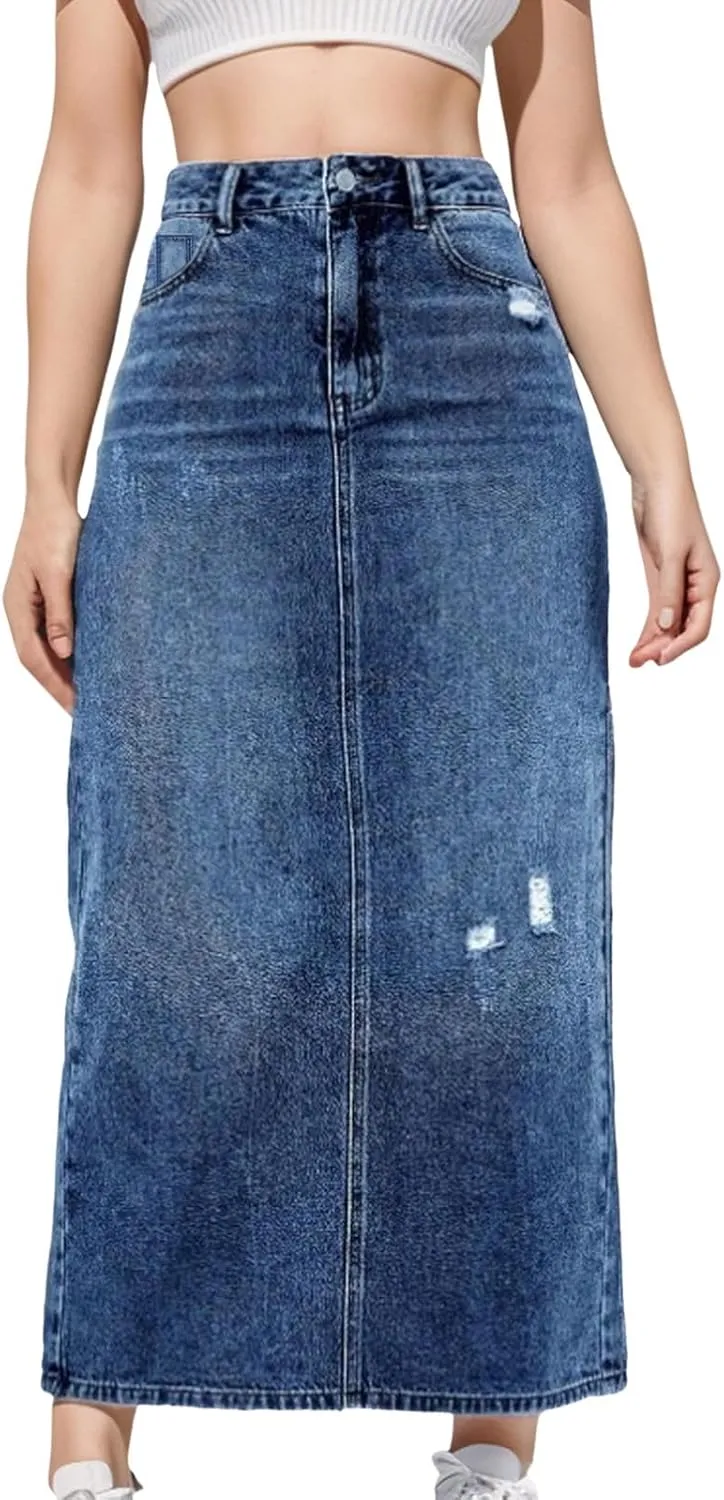 Mid High Waisted Denim Skirt With Holes Denim Mid Length Skirt Boho Skirt