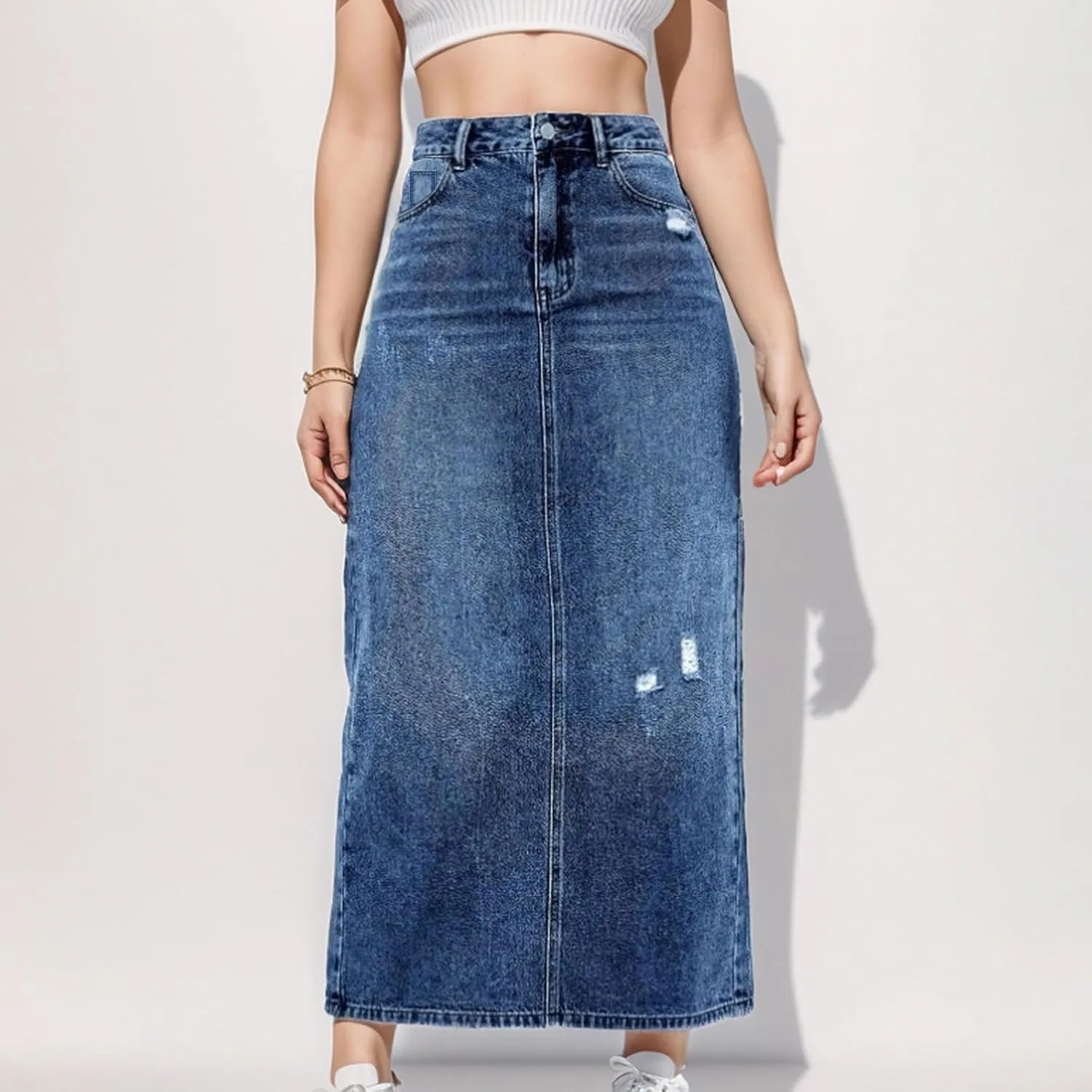 Mid High Waisted Denim Skirt With Holes Denim Mid Length Skirt Boho Skirt