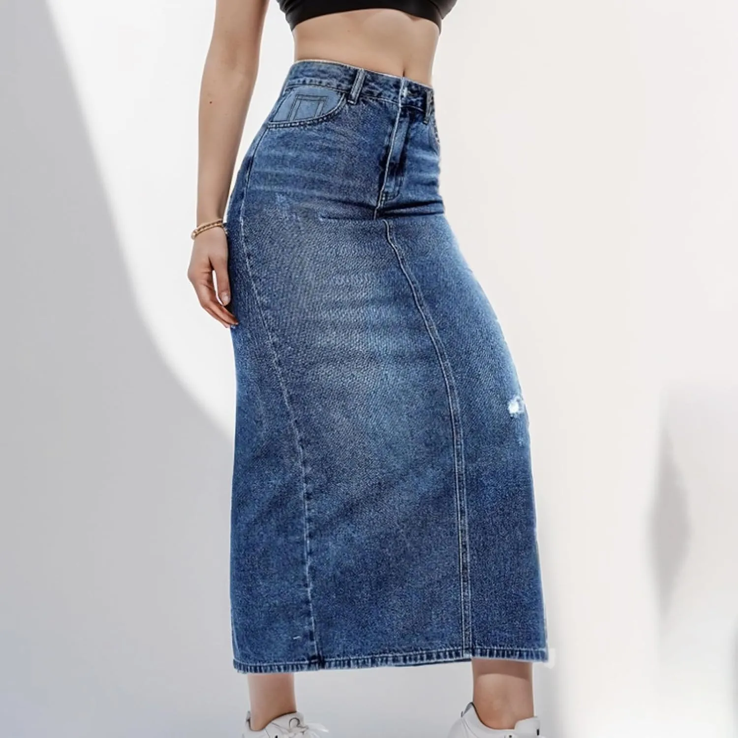 Mid High Waisted Denim Skirt With Holes Denim Mid Length Skirt Boho Skirt