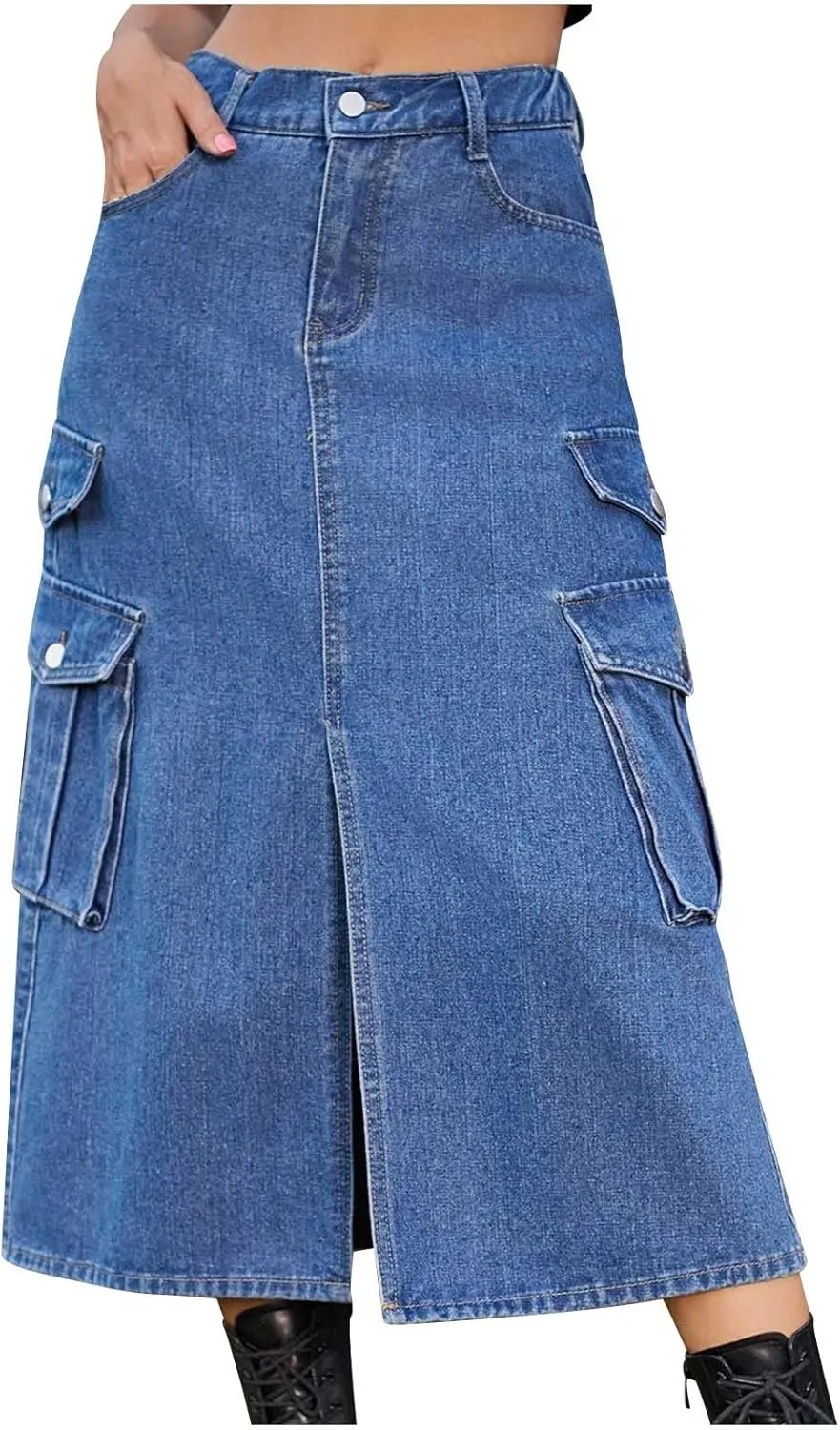 Midi Denim Skirt High Waisted Slit Casual Stretch Knee Length Jean Skirt for Womens Y2K Cargo Skirt with Pockets