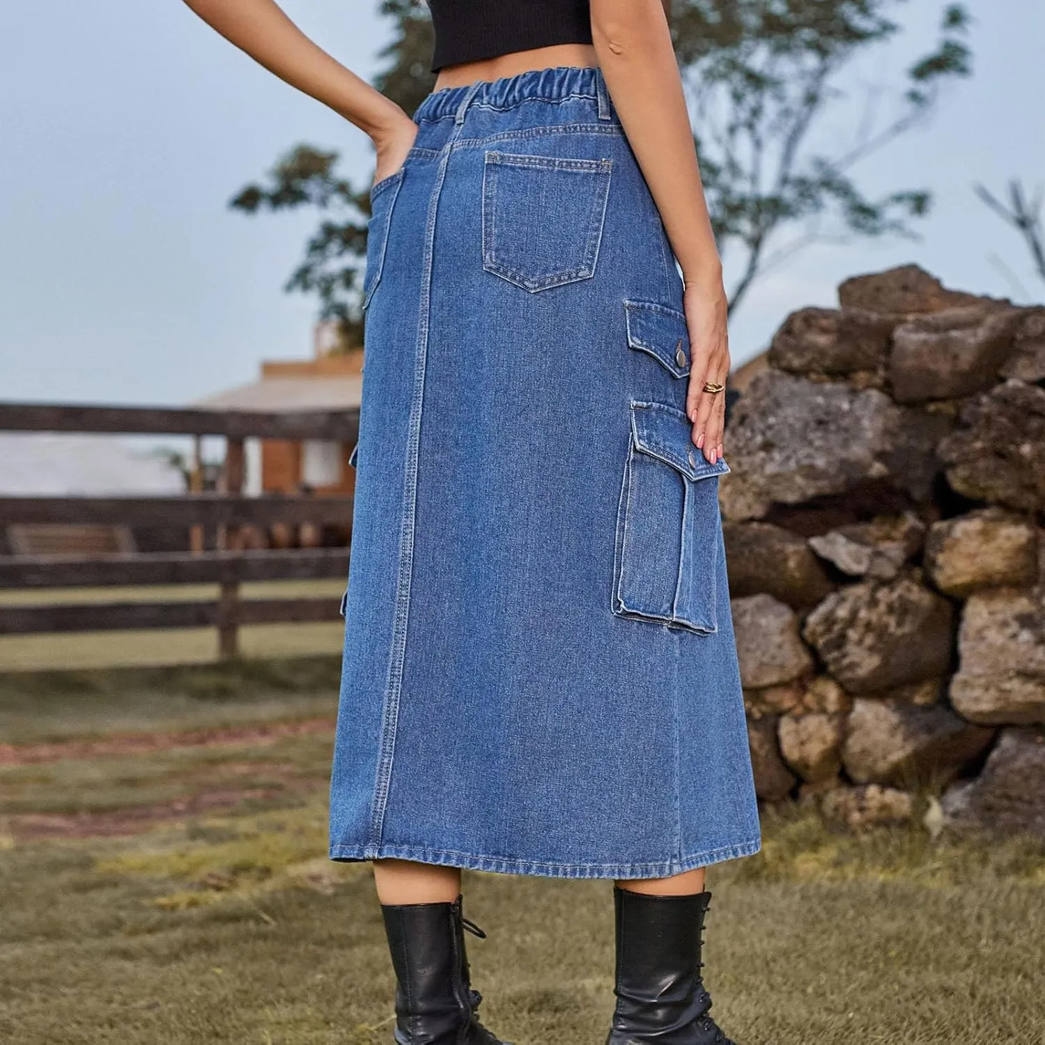 Midi Denim Skirt High Waisted Slit Casual Stretch Knee Length Jean Skirt for Womens Y2K Cargo Skirt with Pockets