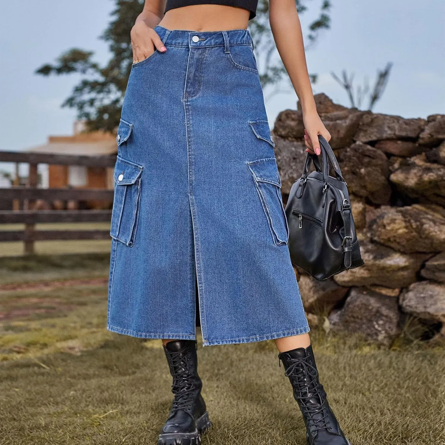 Midi Denim Skirt High Waisted Slit Casual Stretch Knee Length Jean Skirt for Womens Y2K Cargo Skirt with Pockets