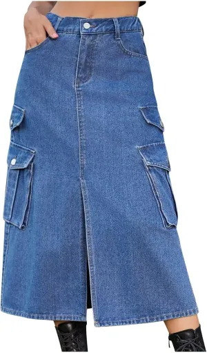 Midi Denim Skirt High Waisted Slit Casual Stretch Knee Length Jean Skirt for Womens Y2K Cargo Skirt with Pockets