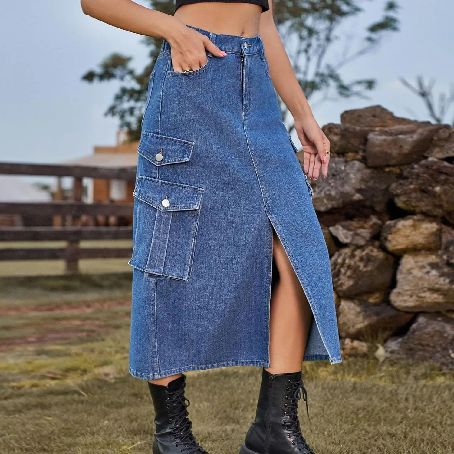 Midi Denim Skirt High Waisted Slit Casual Stretch Knee Length Jean Skirt for Womens Y2K Cargo Skirt with Pockets