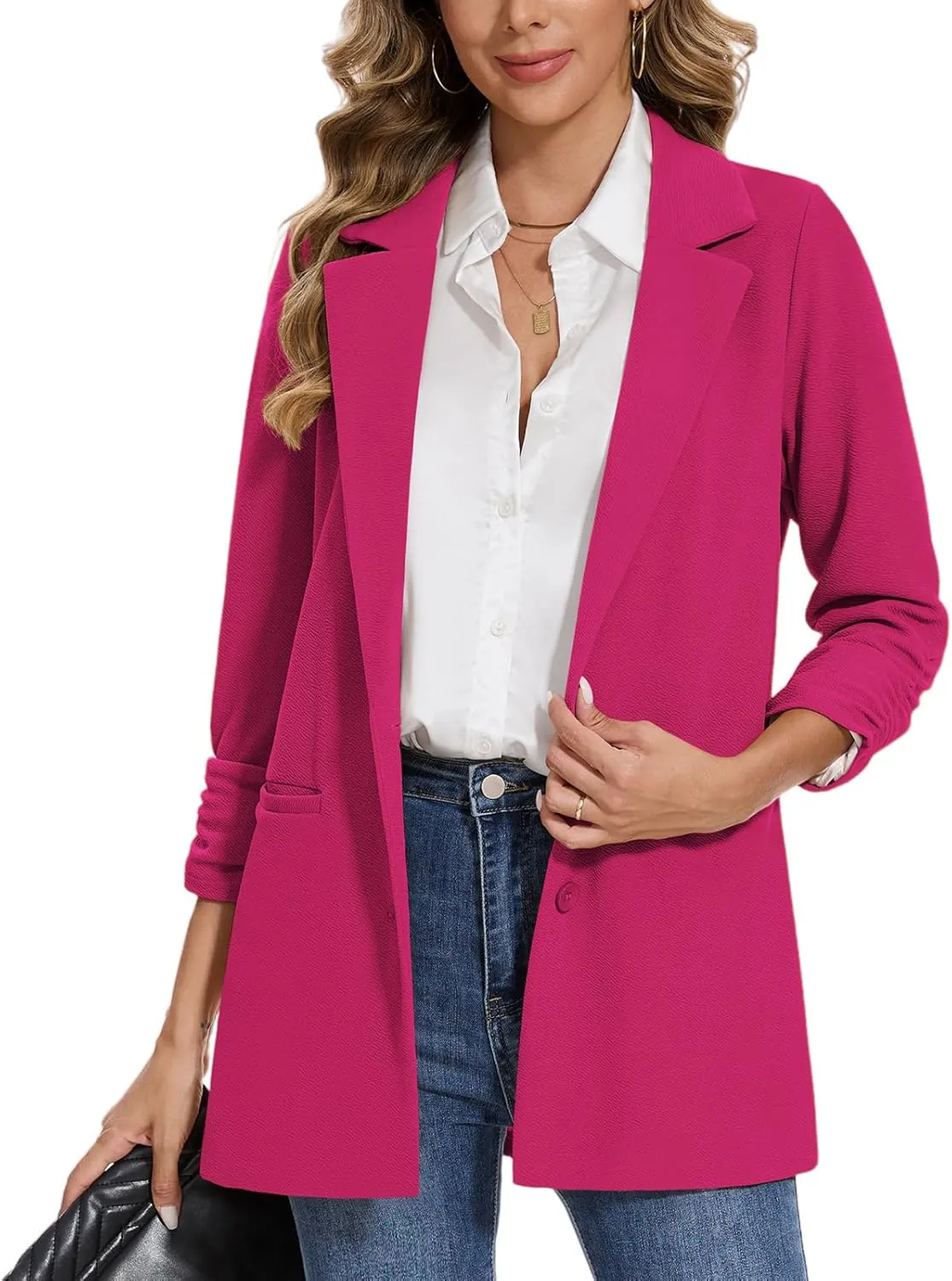 MINTLIMIT Women's Casual Long Blazer 3/4 Ruched Sleeve Lapel Button Front Work Office Blazers Suit Jacket with Pockets