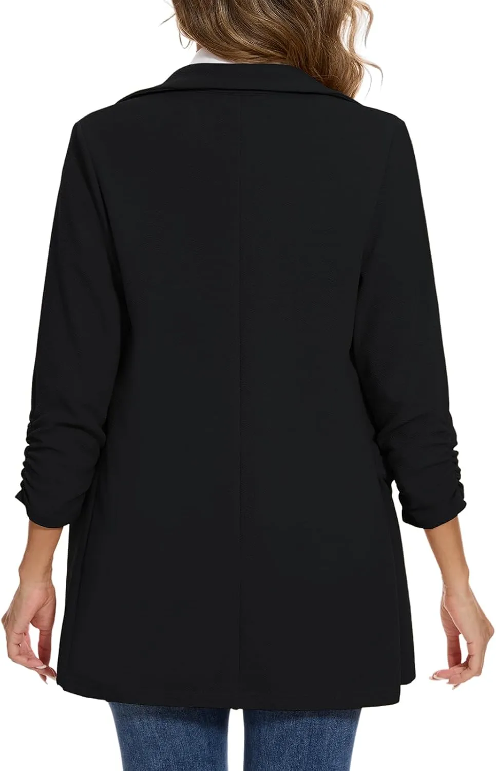 MINTLIMIT Women's Casual Long Blazer 3/4 Ruched Sleeve Lapel Button Front Work Office Blazers Suit Jacket with Pockets