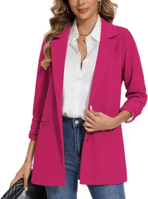MINTLIMIT Women's Casual Long Blazer 3/4 Ruched Sleeve Lapel Button Front Work Office Blazers Suit Jacket with Pockets