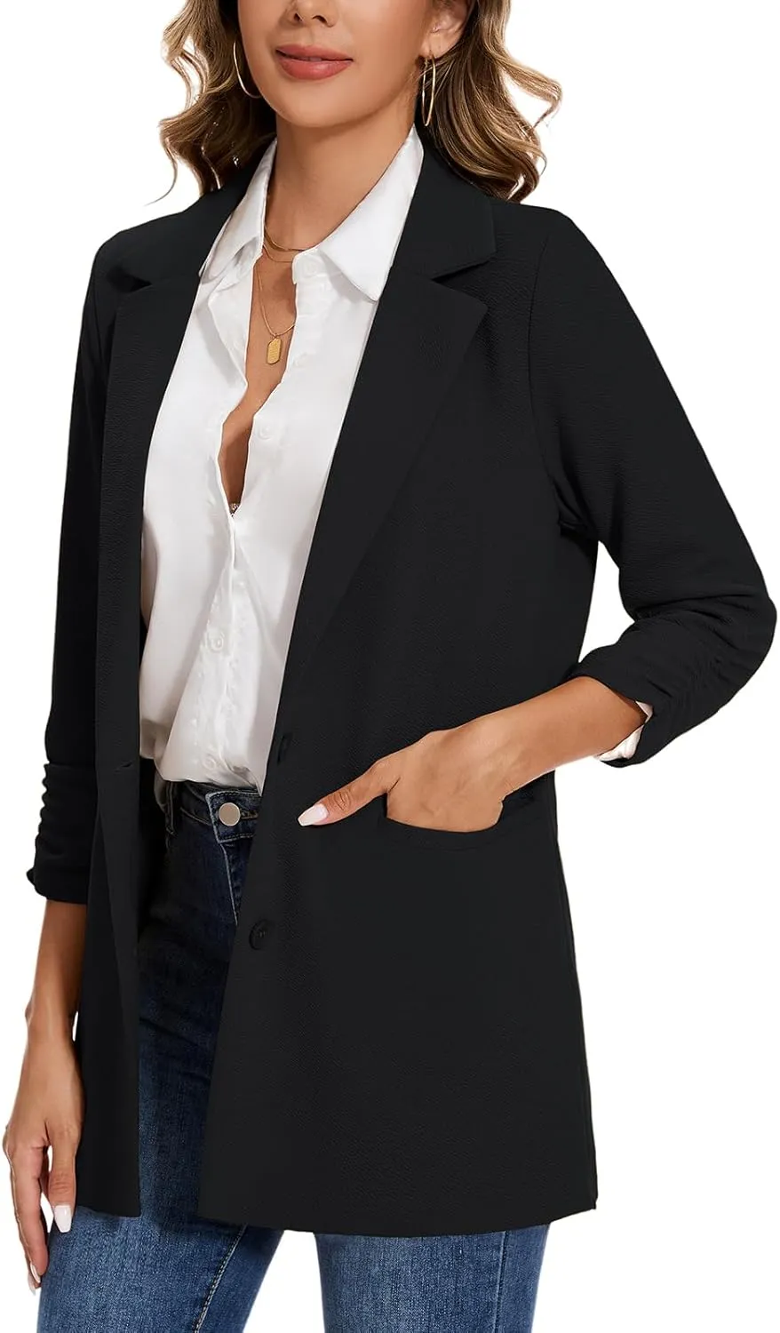 MINTLIMIT Women's Casual Long Blazer 3/4 Ruched Sleeve Lapel Button Front Work Office Blazers Suit Jacket with Pockets