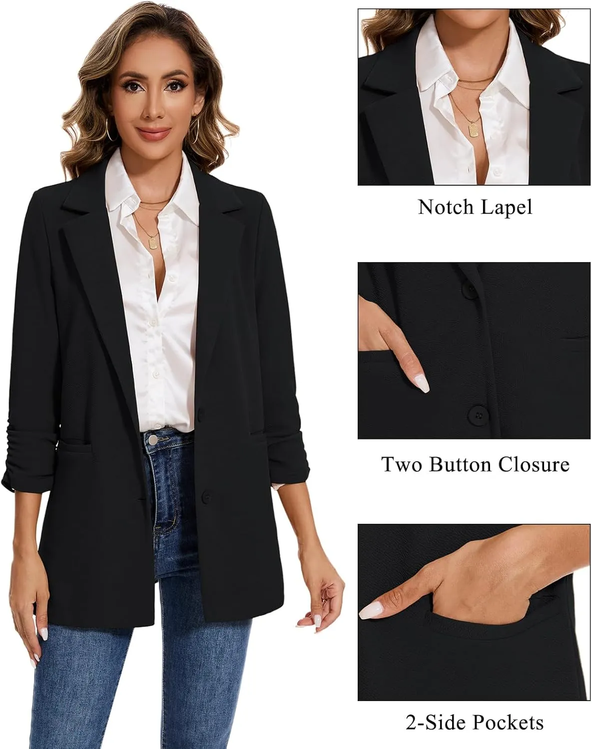 MINTLIMIT Women's Casual Long Blazer 3/4 Ruched Sleeve Lapel Button Front Work Office Blazers Suit Jacket with Pockets