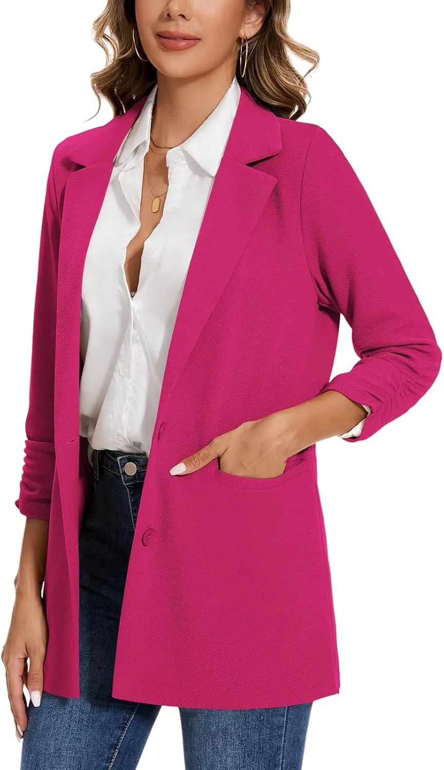MINTLIMIT Women's Casual Long Blazer 3/4 Ruched Sleeve Lapel Button Front Work Office Blazers Suit Jacket with Pockets