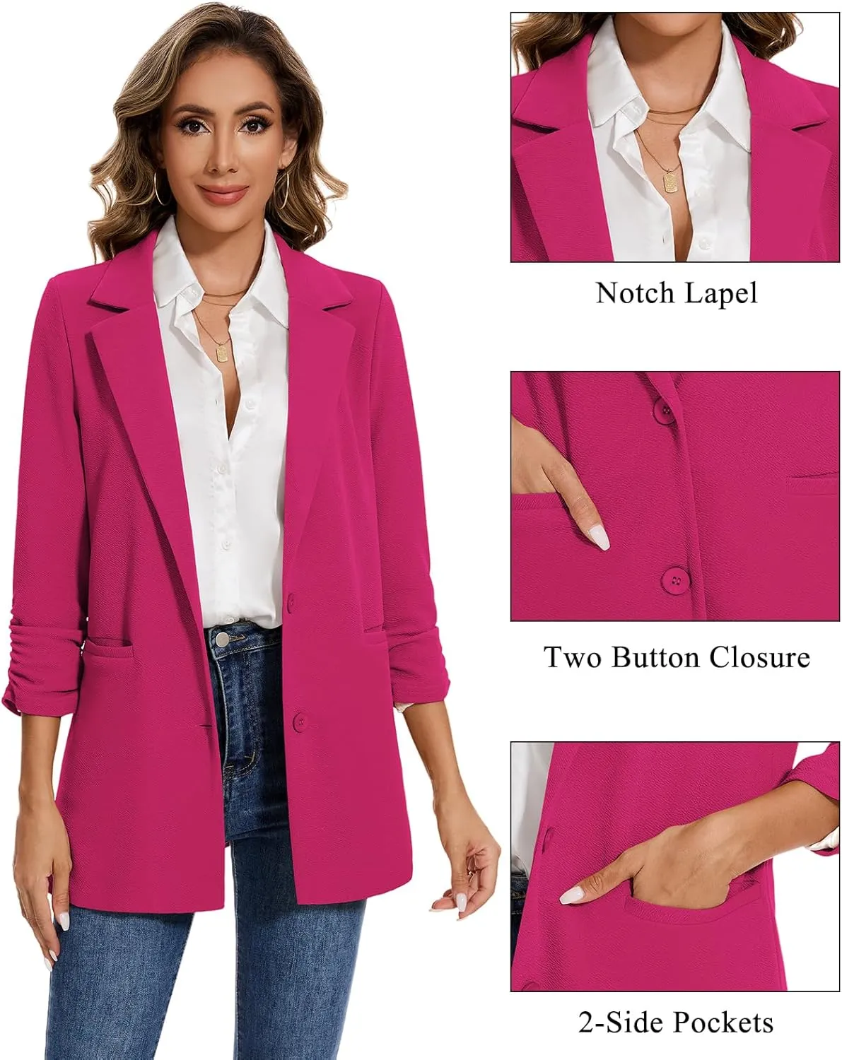 MINTLIMIT Women's Casual Long Blazer 3/4 Ruched Sleeve Lapel Button Front Work Office Blazers Suit Jacket with Pockets
