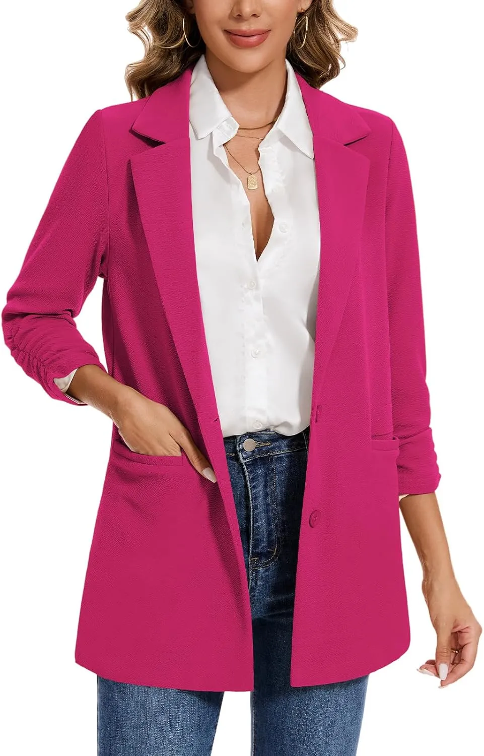 MINTLIMIT Women's Casual Long Blazer 3/4 Ruched Sleeve Lapel Button Front Work Office Blazers Suit Jacket with Pockets