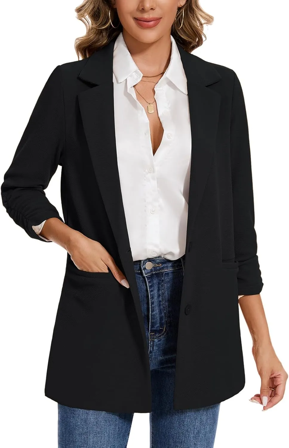 MINTLIMIT Women's Casual Long Blazer 3/4 Ruched Sleeve Lapel Button Front Work Office Blazers Suit Jacket with Pockets