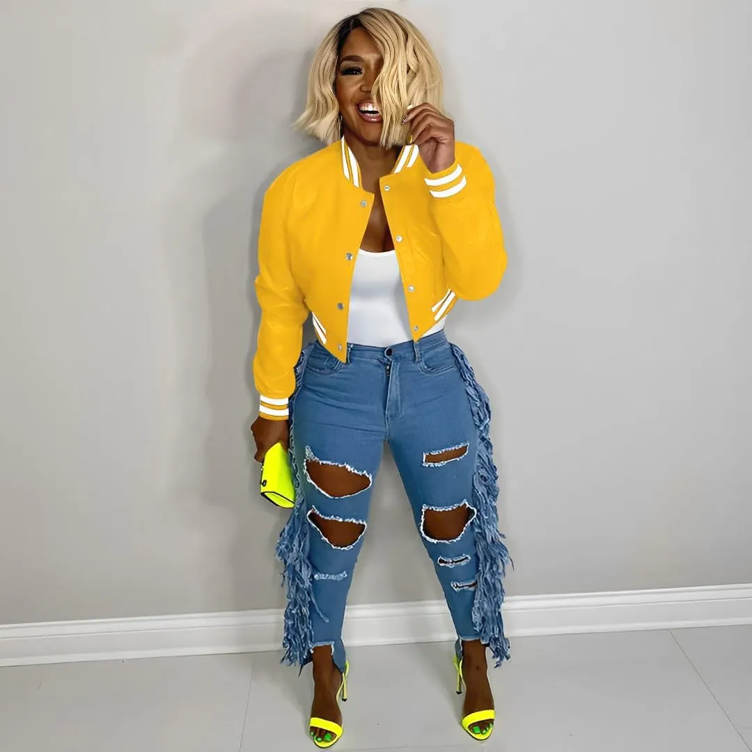 Mintsnow Womens Varsity Jacket Long Sleeve Button Down Bomber Jackets Casual Baseball Uniform Streetwear