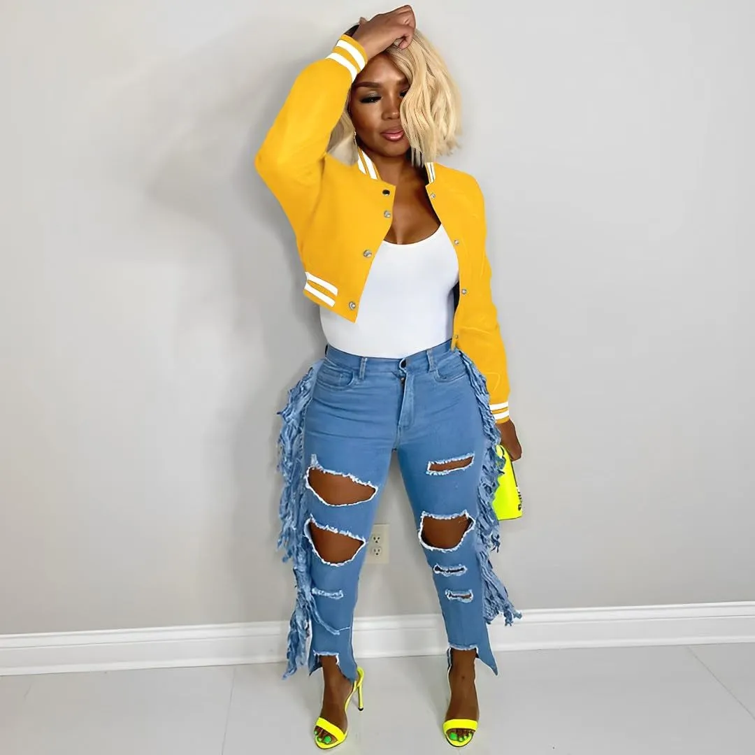 Mintsnow Womens Varsity Jacket Long Sleeve Button Down Bomber Jackets Casual Baseball Uniform Streetwear
