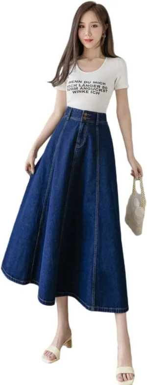 MLAFE Womens Denim A-Line Long Midi Skirt Women'S Casual High Waisted Solid Button Denim Jean Skirt Pleated Long Denim Skirt