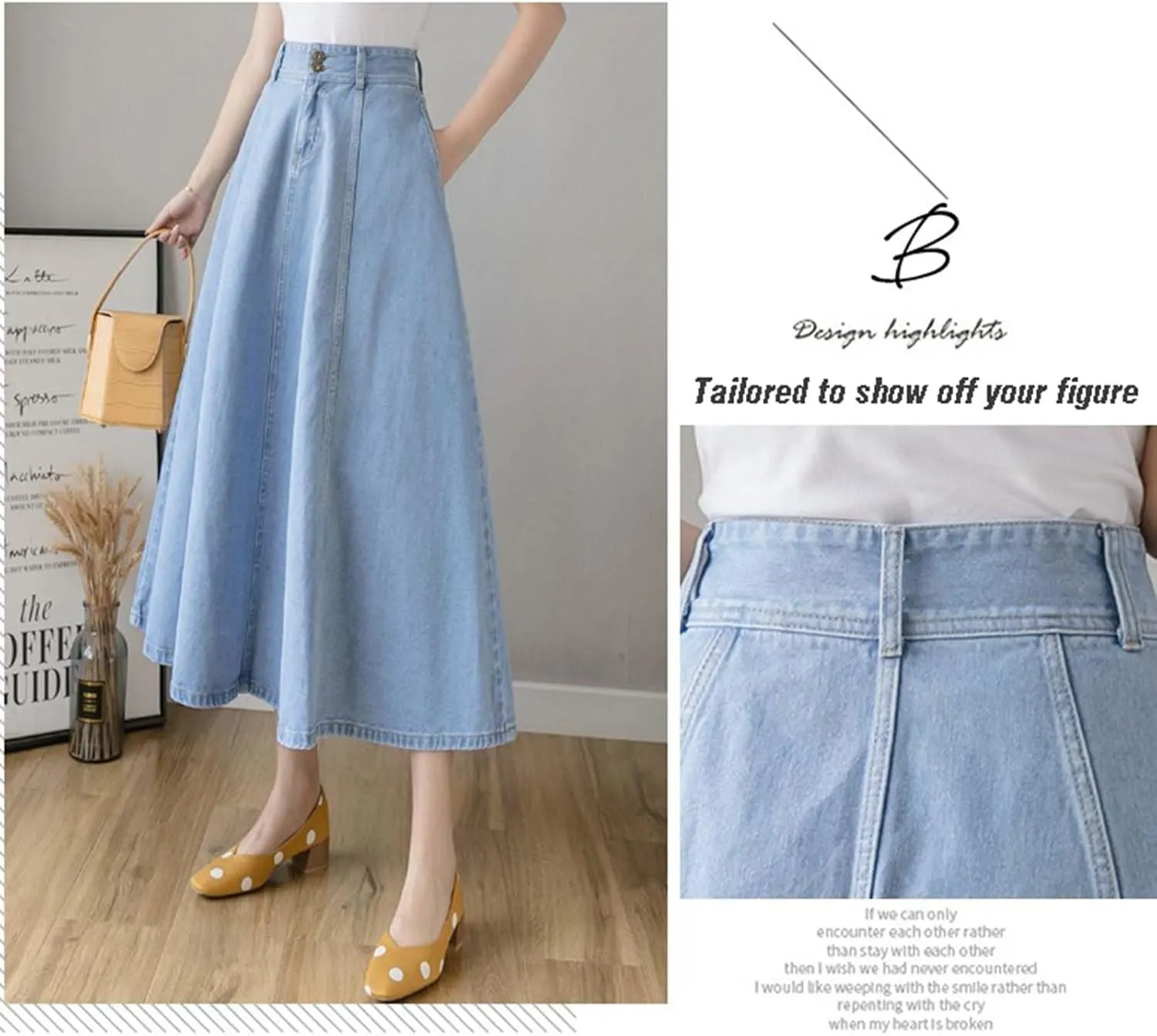 MLAFE Womens Denim A-Line Long Midi Skirt Women'S Casual High Waisted Solid Button Denim Jean Skirt Pleated Long Denim Skirt
