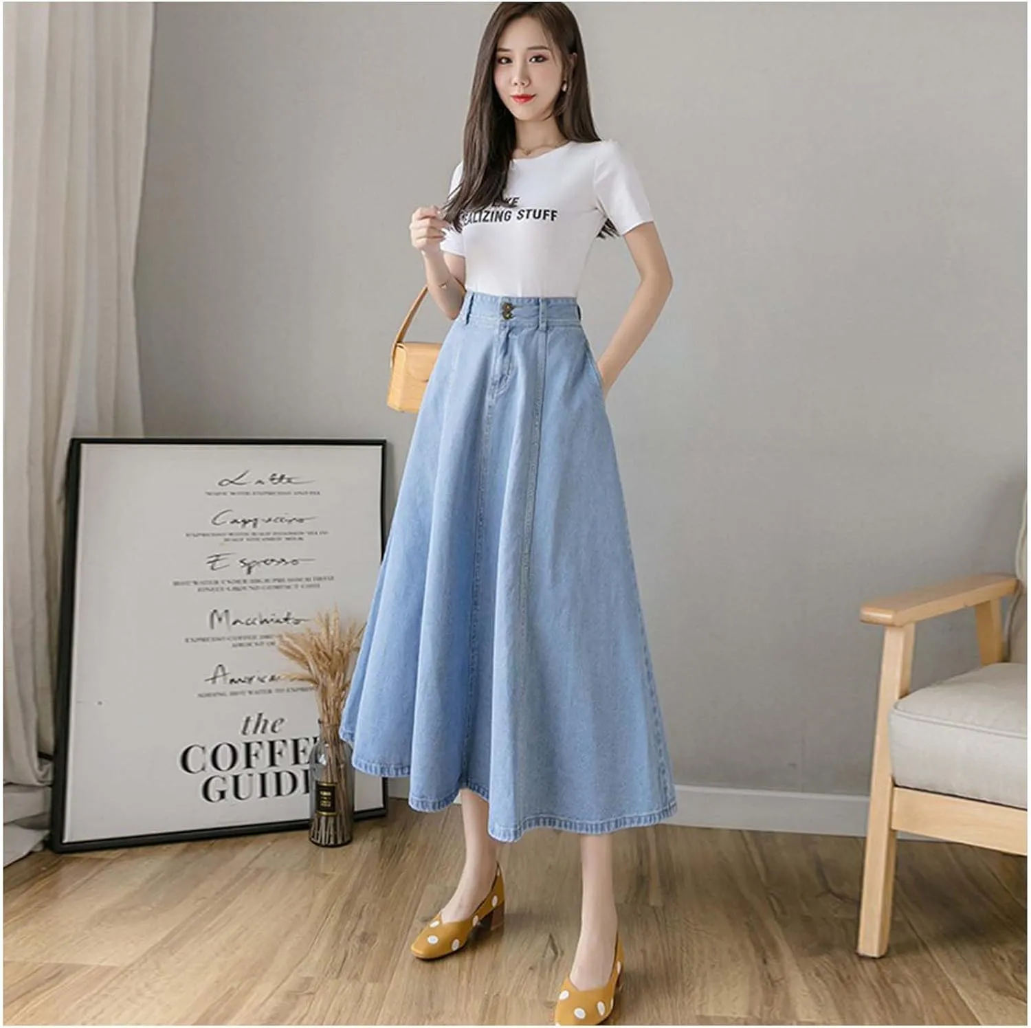 MLAFE Womens Denim A-Line Long Midi Skirt Women'S Casual High Waisted Solid Button Denim Jean Skirt Pleated Long Denim Skirt
