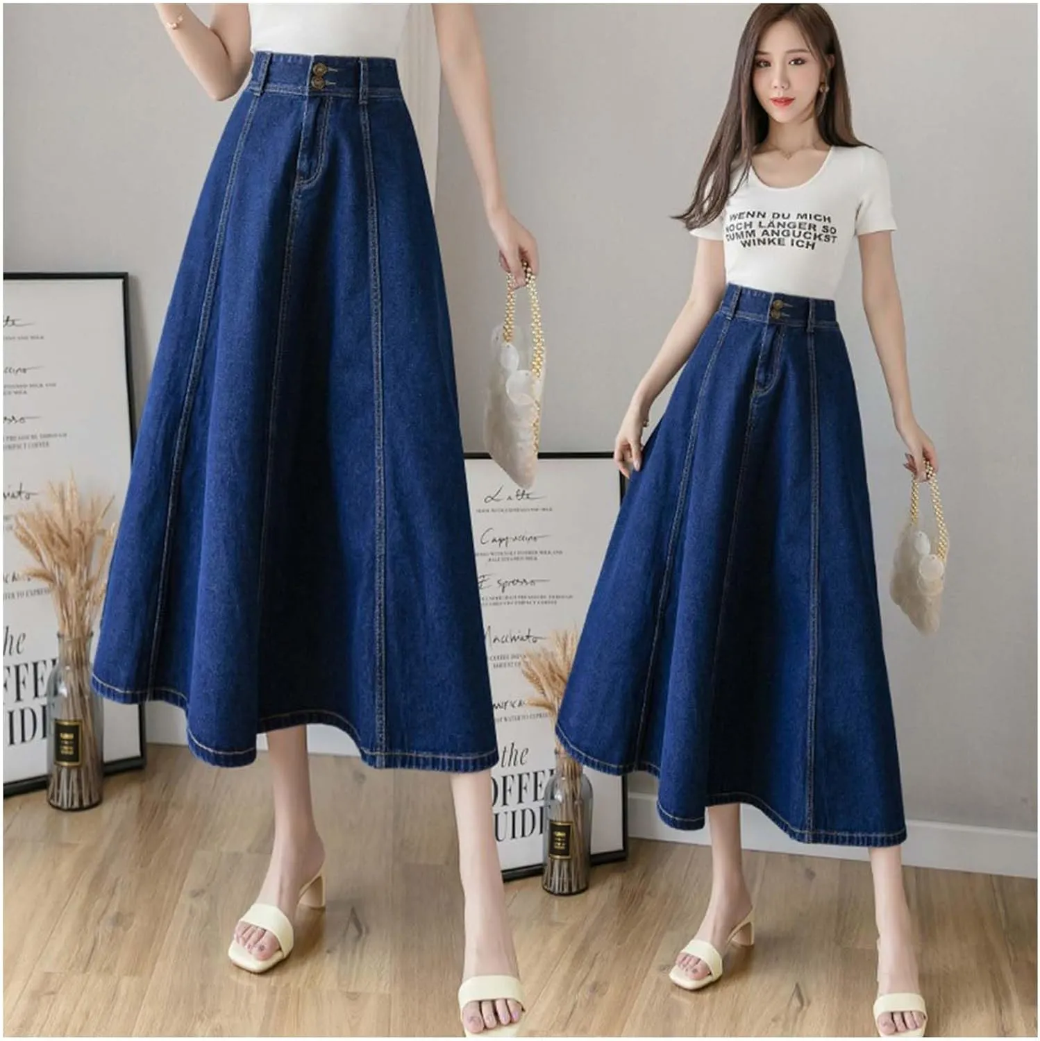 MLAFE Womens Denim A-Line Long Midi Skirt Women'S Casual High Waisted Solid Button Denim Jean Skirt Pleated Long Denim Skirt