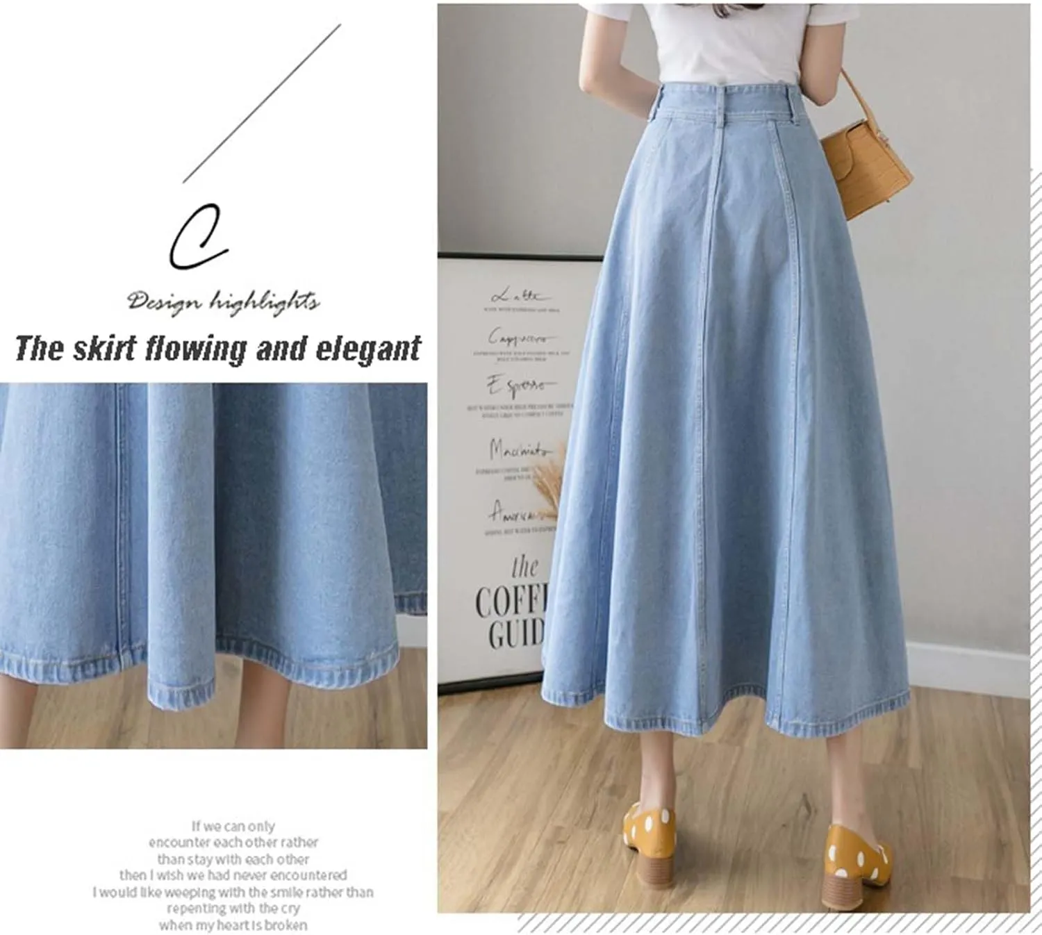 MLAFE Womens Denim A-Line Long Midi Skirt Women'S Casual High Waisted Solid Button Denim Jean Skirt Pleated Long Denim Skirt
