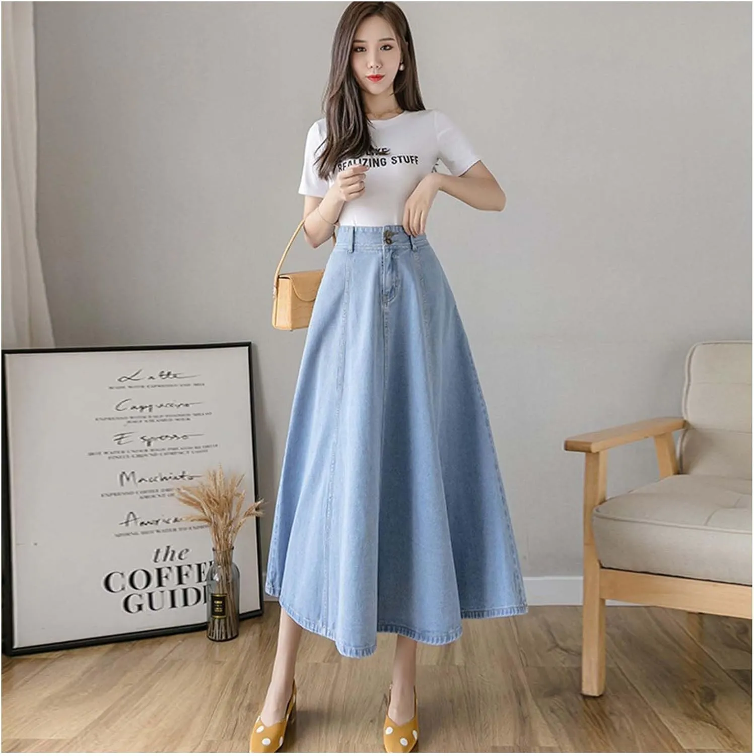 MLAFE Womens Denim A-Line Long Midi Skirt Women'S Casual High Waisted Solid Button Denim Jean Skirt Pleated Long Denim Skirt