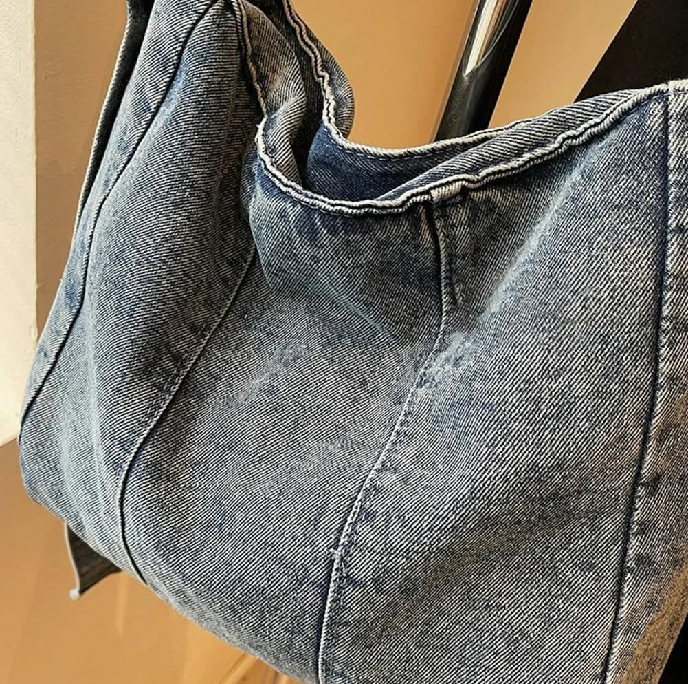 Molodo Denim Shoulder Bag for Women Washed Denim Crossbody Bag Retro Satchel Purse