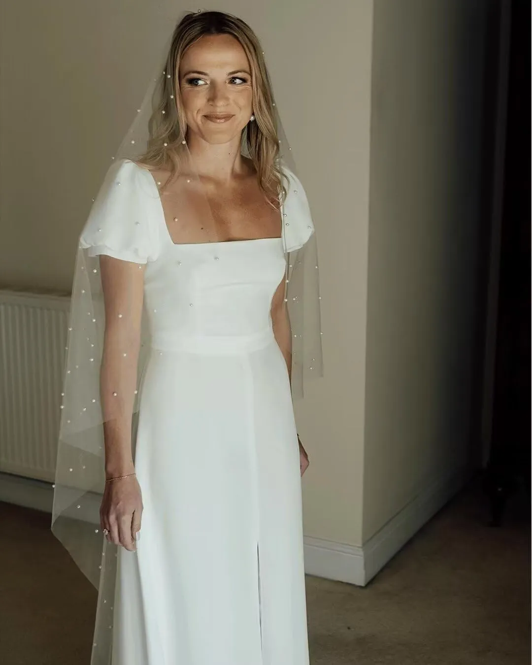 Monlity Puffy Short Sleeve Wedding Dresses for Bride Square Neck Bridesmaid Dresses with Slit Formal Prom Evening Gown