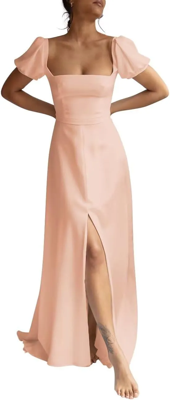Monlity Puffy Short Sleeve Wedding Dresses for Bride Square Neck Bridesmaid Dresses with Slit Formal Prom Evening Gown