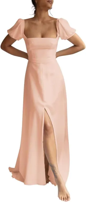 Monlity Puffy Short Sleeve Wedding Dresses for Bride Square Neck Bridesmaid Dresses with Slit Formal Prom Evening Gown
