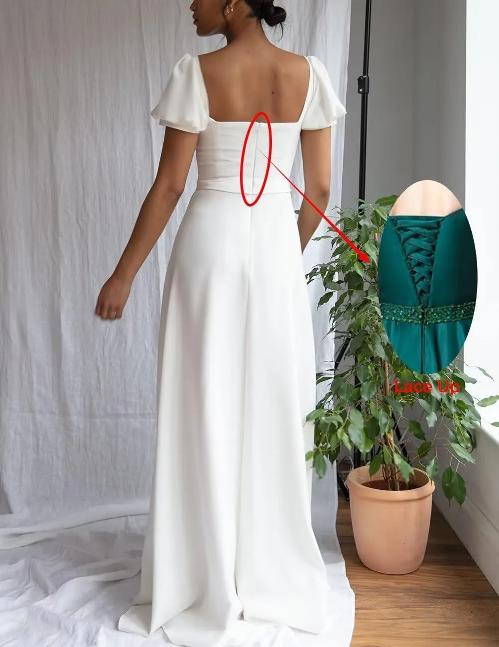 Monlity Puffy Short Sleeve Wedding Dresses for Bride Square Neck Bridesmaid Dresses with Slit Formal Prom Evening Gown