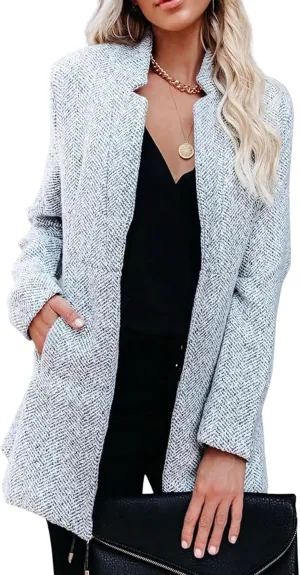 Moonetto Womens Warm Slim Fit Pea Coats Notched Lapel Collar Open Front Flannel Trench Coats