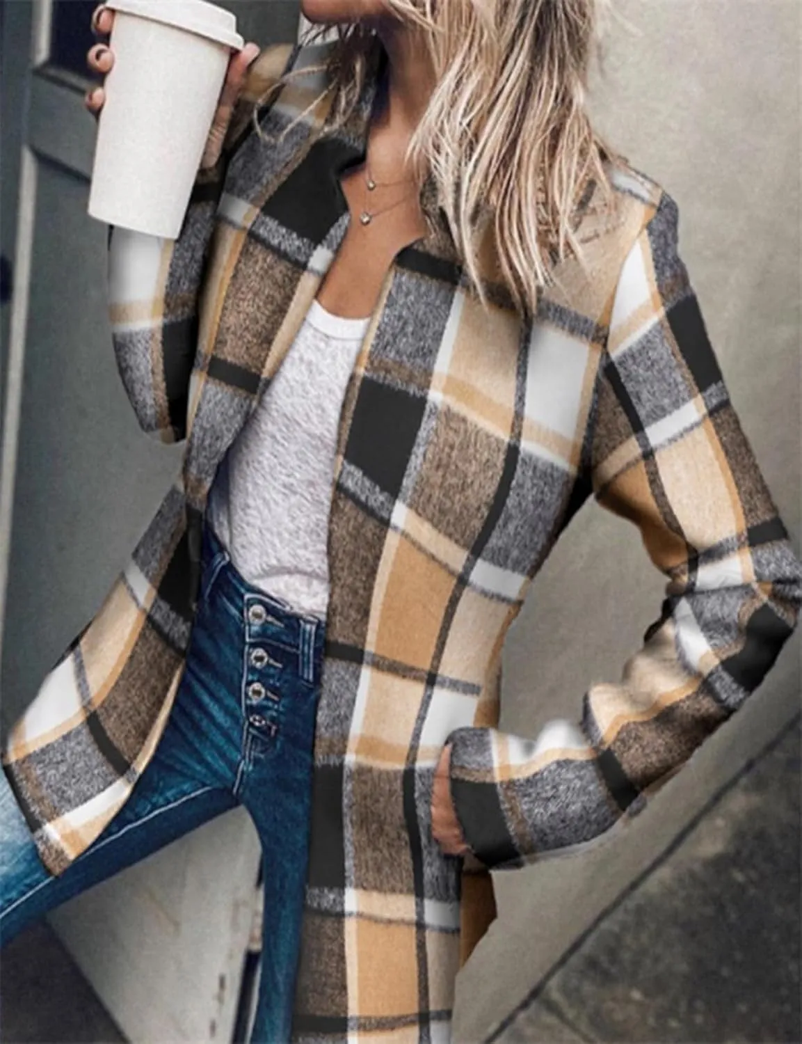Moonetto Womens Warm Slim Fit Pea Coats Notched Lapel Collar Open Front Flannel Trench Coats