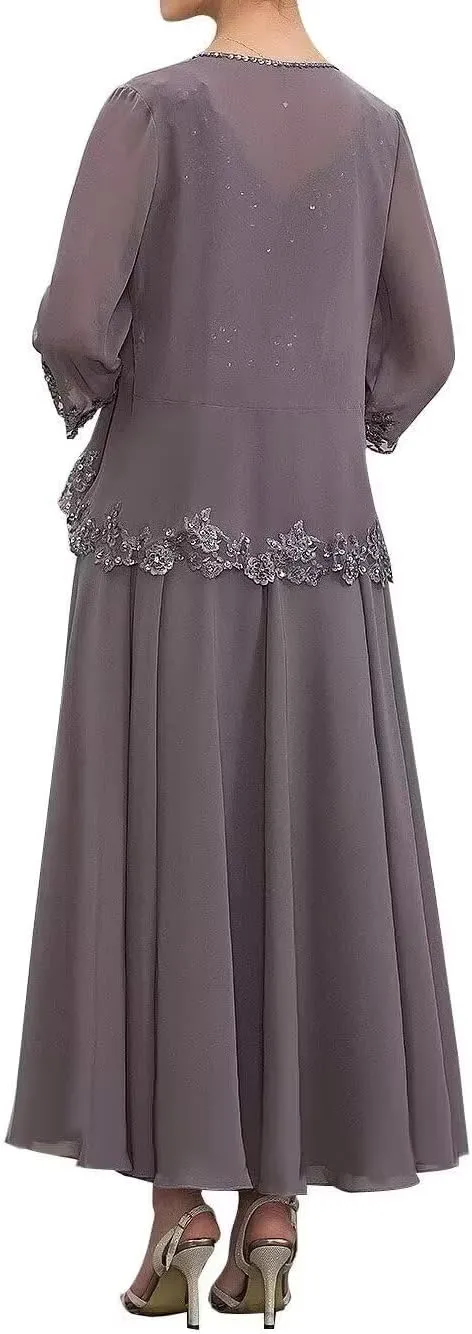 Mother of The Bride Dresses 2 Piece Plus Size Evening Formal Dress Set Lace Wedding Guest Groom Dress with Jacket