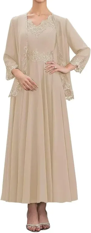 Mother of The Bride Dresses 2 Piece Plus Size Evening Formal Dress Set Lace Wedding Guest Groom Dress with Jacket