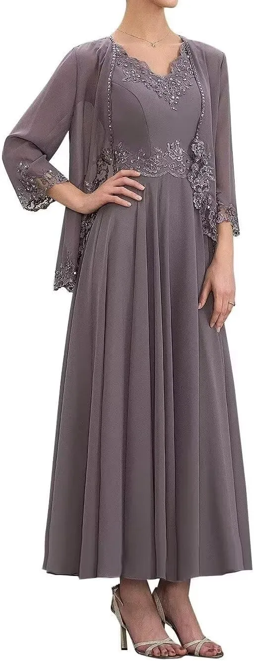 Mother of The Bride Dresses 2 Piece Plus Size Evening Formal Dress Set Lace Wedding Guest Groom Dress with Jacket
