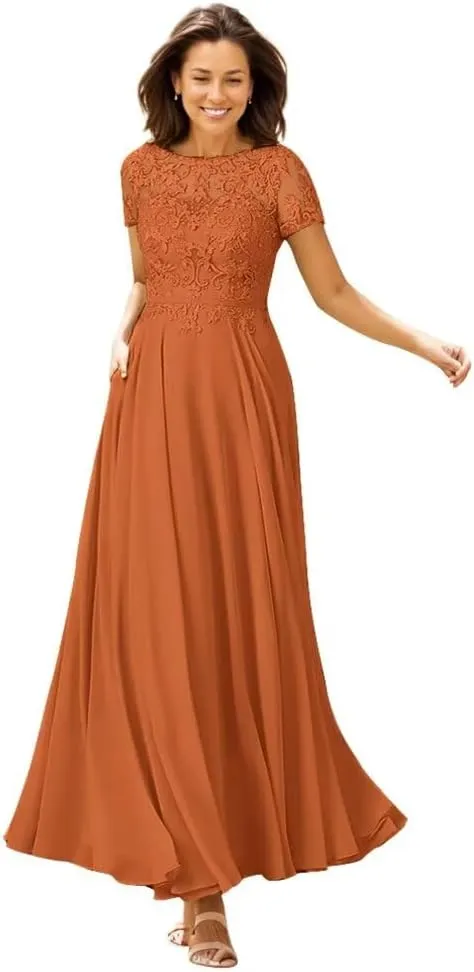 Mother of The Bride Dresses for Wedding Lace Applique Short Sleeve Chiffon A-line Long Formal Mother of The Groom Dress