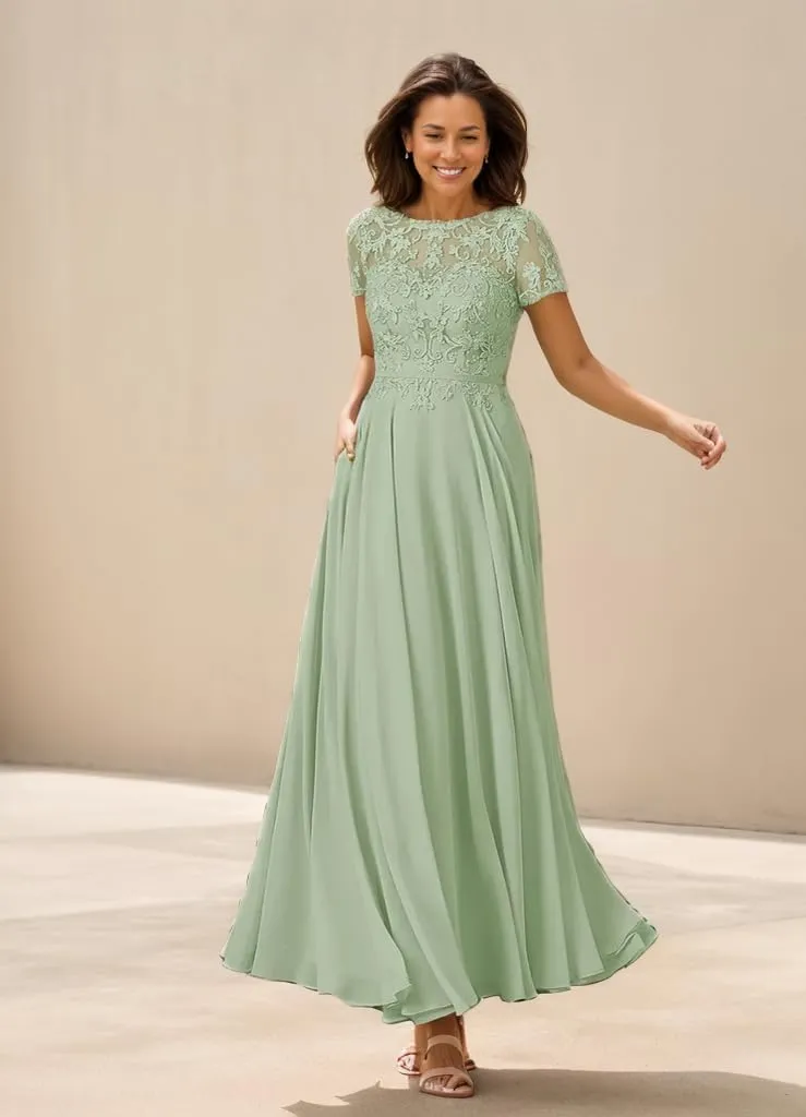 Mother of The Bride Dresses for Wedding Lace Applique Short Sleeve Chiffon A-line Long Formal Mother of The Groom Dress