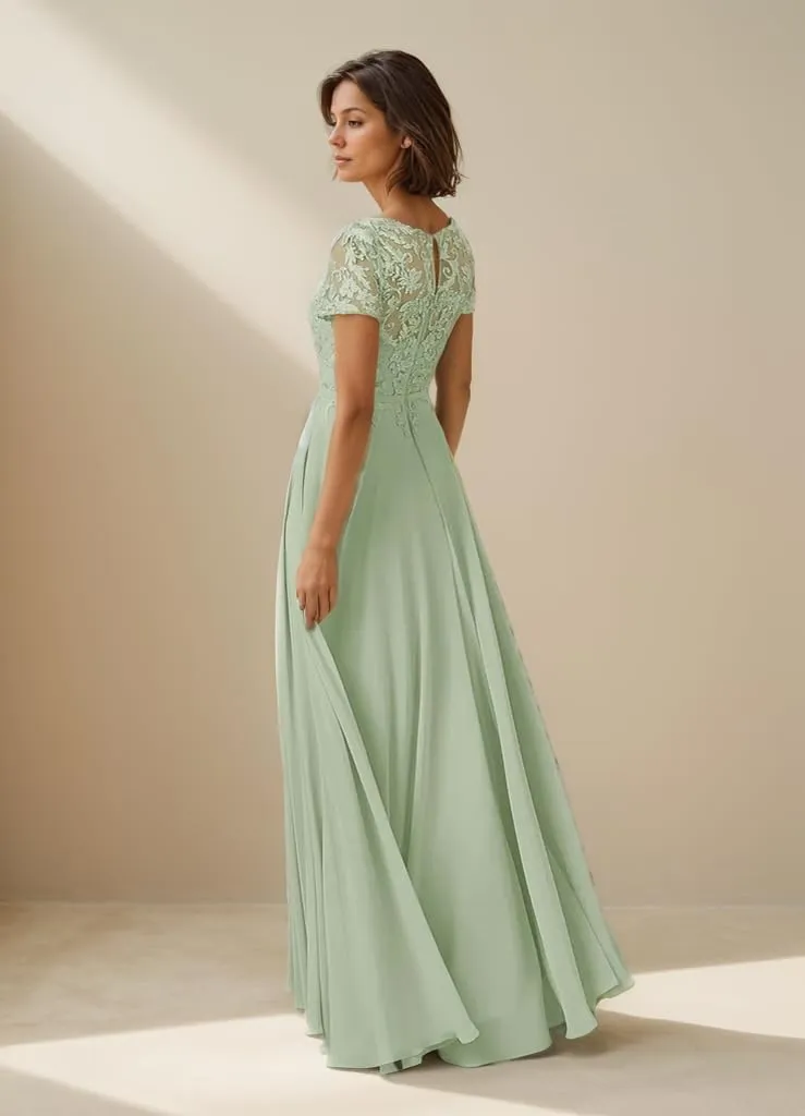 Mother of The Bride Dresses for Wedding Lace Applique Short Sleeve Chiffon A-line Long Formal Mother of The Groom Dress