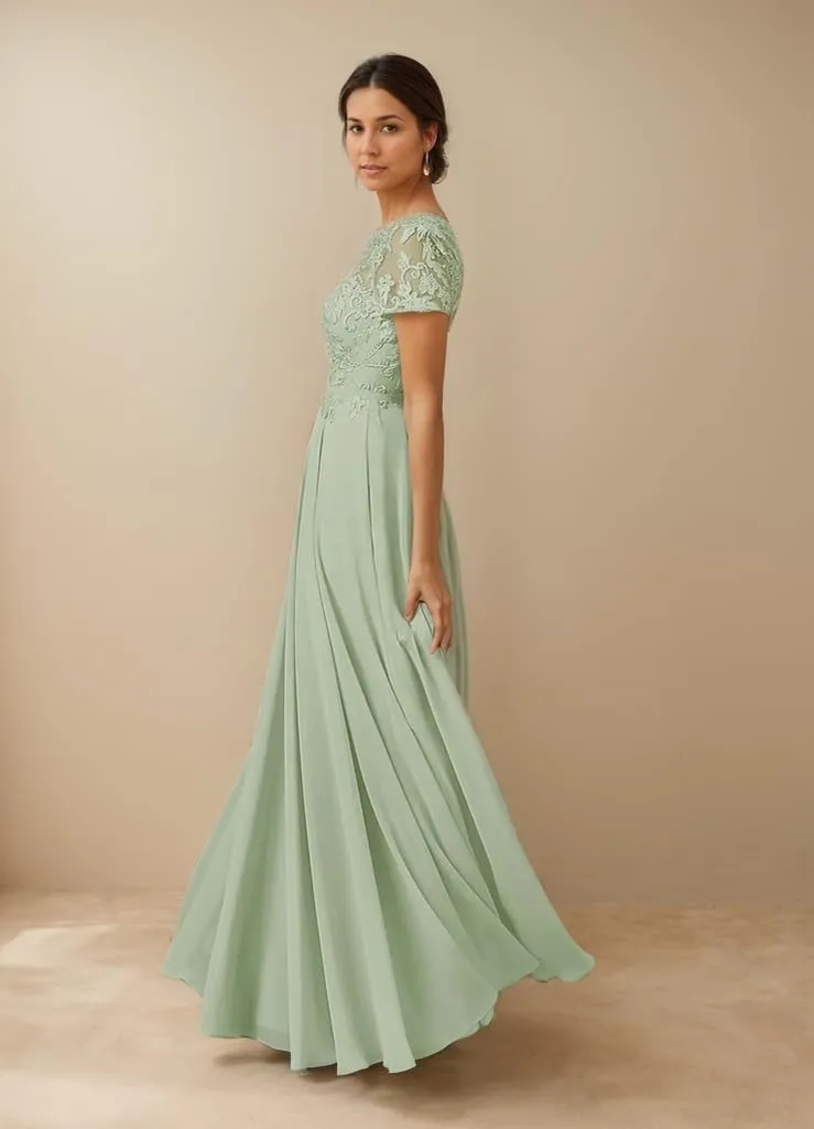 Mother of The Bride Dresses for Wedding Lace Applique Short Sleeve Chiffon A-line Long Formal Mother of The Groom Dress
