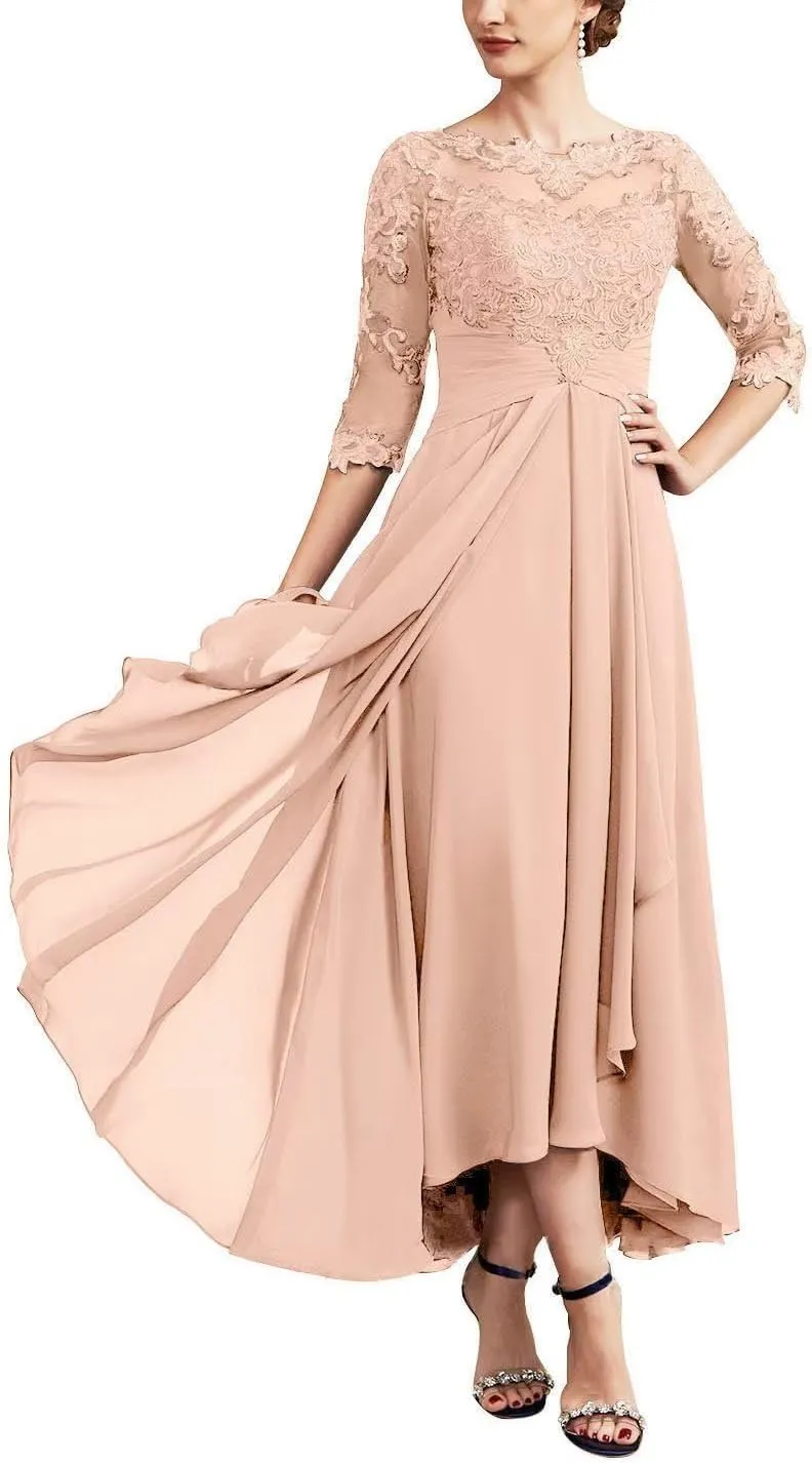 Mother of The Bride Dresses for Wedding with 3/4 Sleeves Tea Length Chiffon Lace Appliques Formal Dresses