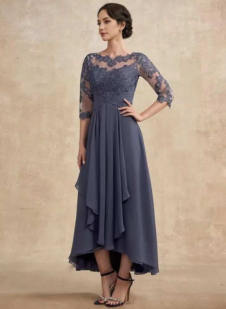 Mother of The Bride Dresses for Wedding with 3/4 Sleeves Tea Length Chiffon Lace Appliques Formal Dresses