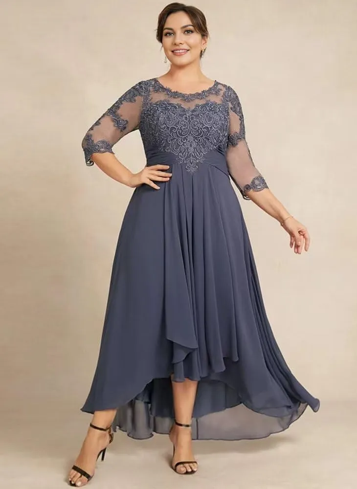 Mother of The Bride Dresses for Wedding with 3/4 Sleeves Tea Length Chiffon Lace Appliques Formal Dresses