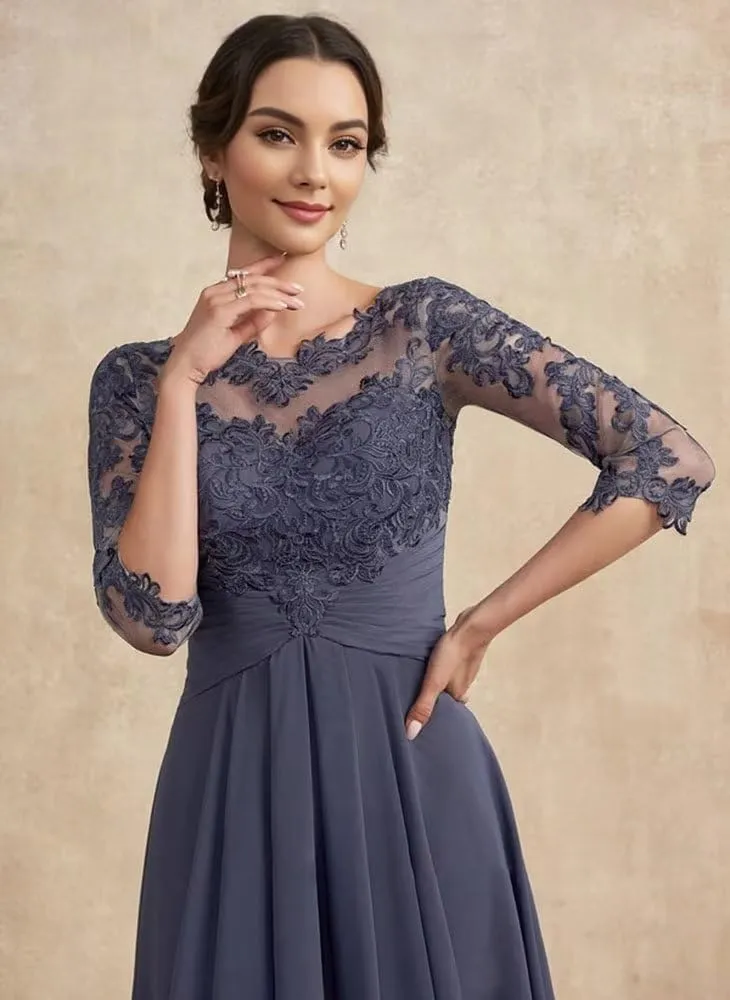 Mother of The Bride Dresses for Wedding with 3/4 Sleeves Tea Length Chiffon Lace Appliques Formal Dresses