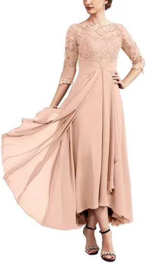 Mother of The Bride Dresses for Wedding with 3/4 Sleeves Tea Length Chiffon Lace Appliques Formal Dresses