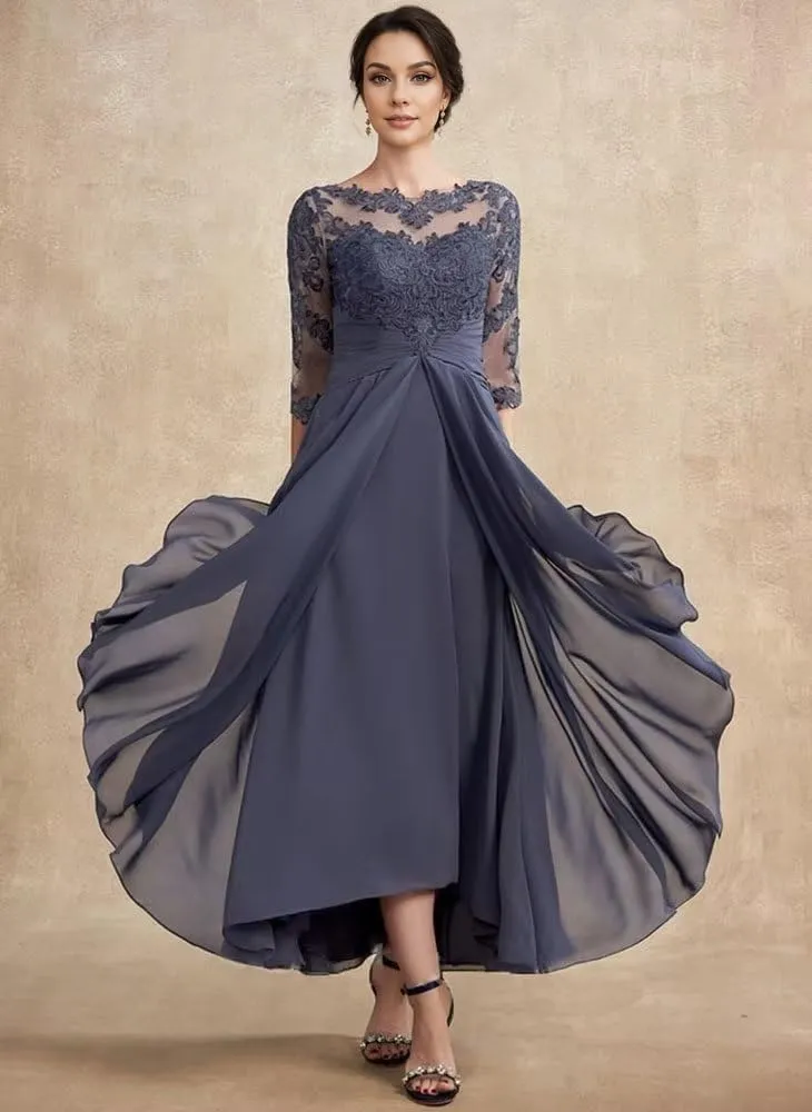 Mother of The Bride Dresses for Wedding with 3/4 Sleeves Tea Length Chiffon Lace Appliques Formal Dresses