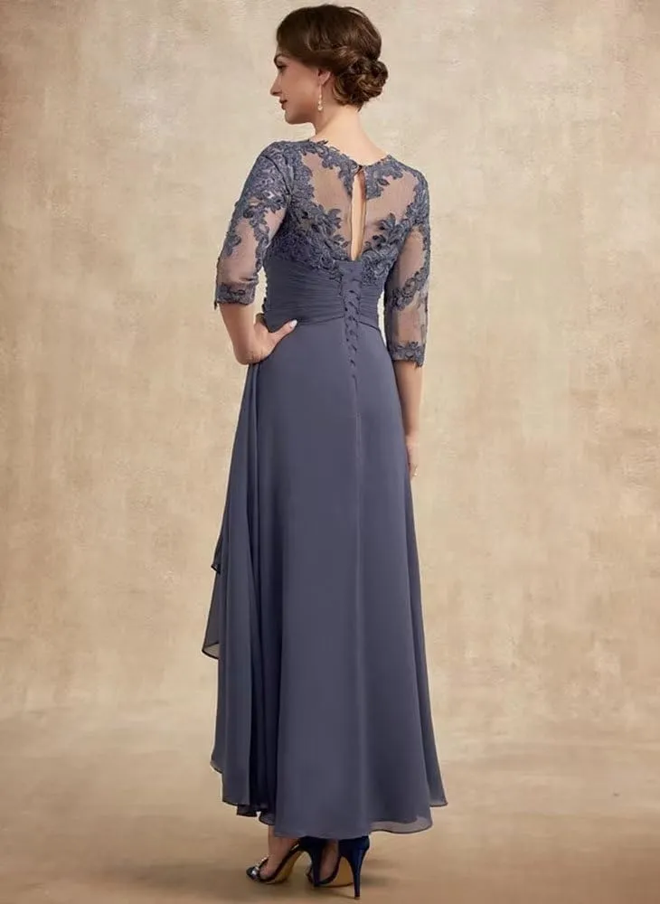Mother of The Bride Dresses for Wedding with 3/4 Sleeves Tea Length Chiffon Lace Appliques Formal Dresses