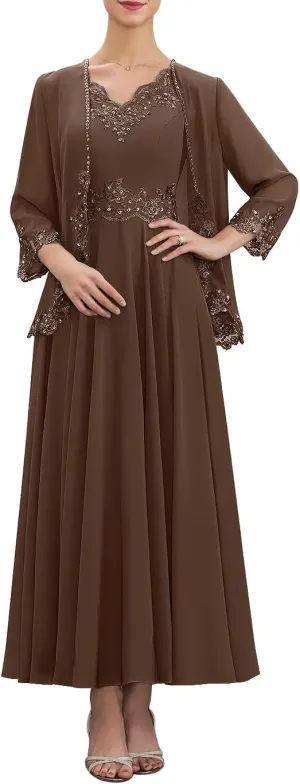 Mother of The Bride Dresses for Wedding with Jackets Beaded Sequin Lace Chiffon Formal Wedding Guest Dresses