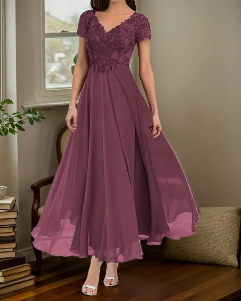 Mother of The Bride Dresses Lace Applique Chiffon Formal Evening Dress Short Sleeve A Line Prom Gown for Women