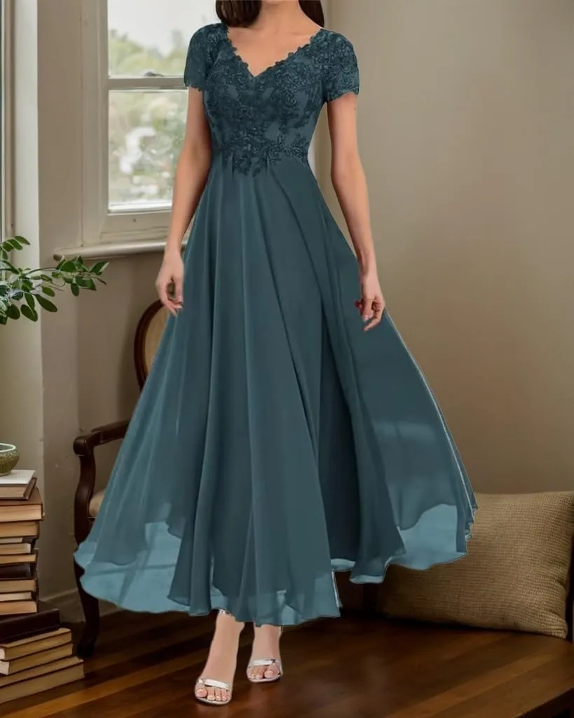 Mother of The Bride Dresses Lace Applique Chiffon Formal Evening Dress Short Sleeve A Line Prom Gown for Women